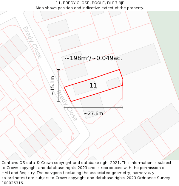 11, BREDY CLOSE, POOLE, BH17 9JP: Plot and title map