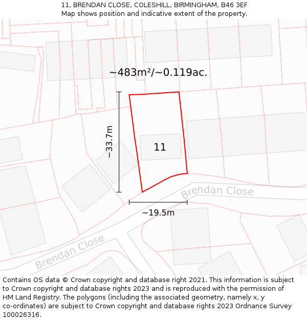 11, BRENDAN CLOSE, COLESHILL, BIRMINGHAM, B46 3EF: Plot and title map