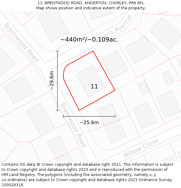 11, BRENTWOOD ROAD, ANDERTON, CHORLEY, PR6 9PL: Plot and title map