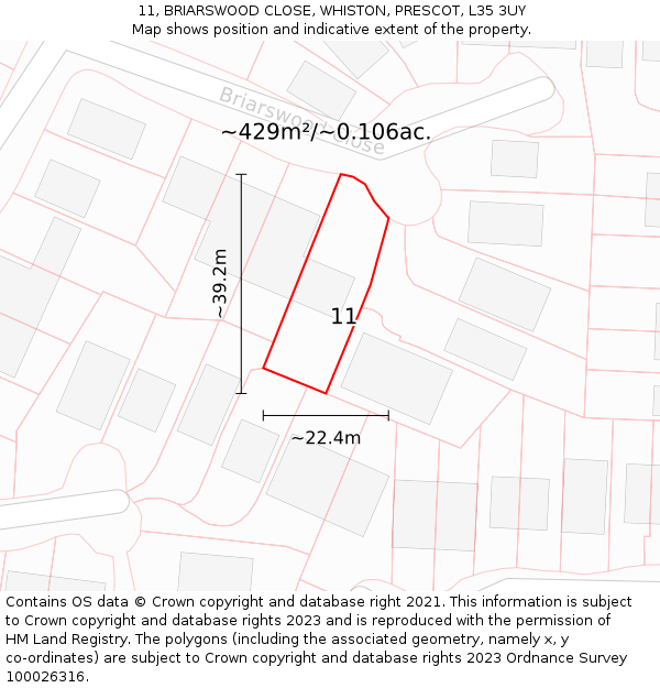 11, BRIARSWOOD CLOSE, WHISTON, PRESCOT, L35 3UY: Plot and title map