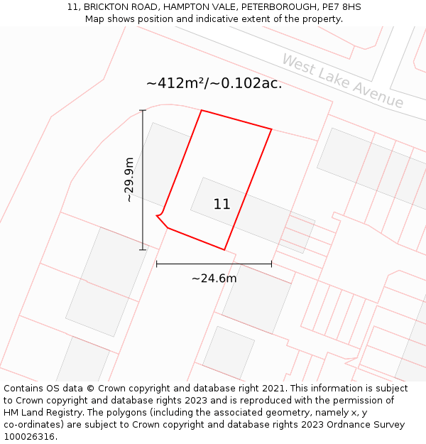 11, BRICKTON ROAD, HAMPTON VALE, PETERBOROUGH, PE7 8HS: Plot and title map