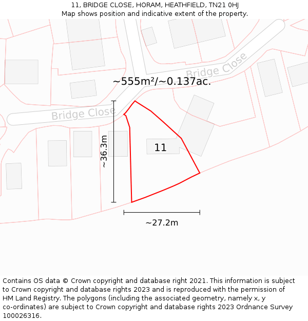 11, BRIDGE CLOSE, HORAM, HEATHFIELD, TN21 0HJ: Plot and title map