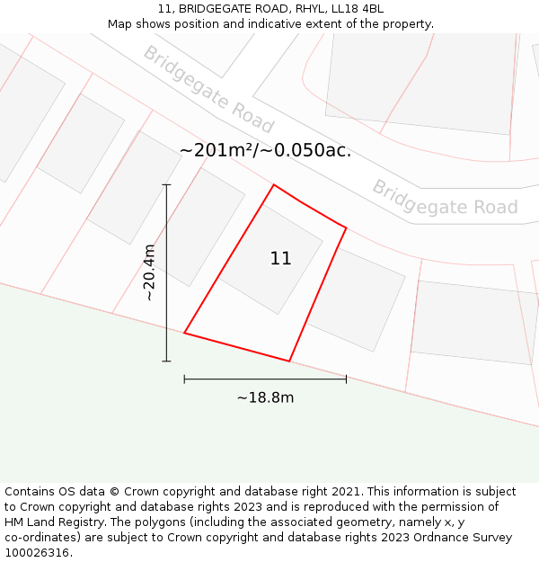 11, BRIDGEGATE ROAD, RHYL, LL18 4BL: Plot and title map