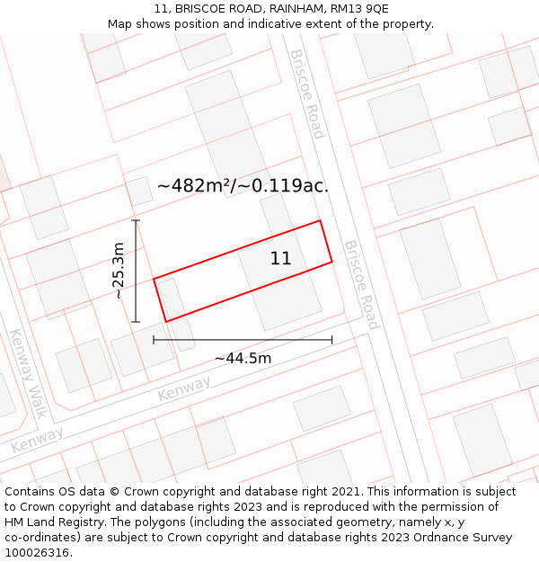 11, BRISCOE ROAD, RAINHAM, RM13 9QE: Plot and title map