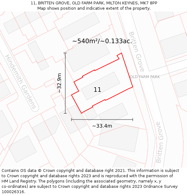 11, BRITTEN GROVE, OLD FARM PARK, MILTON KEYNES, MK7 8PP: Plot and title map