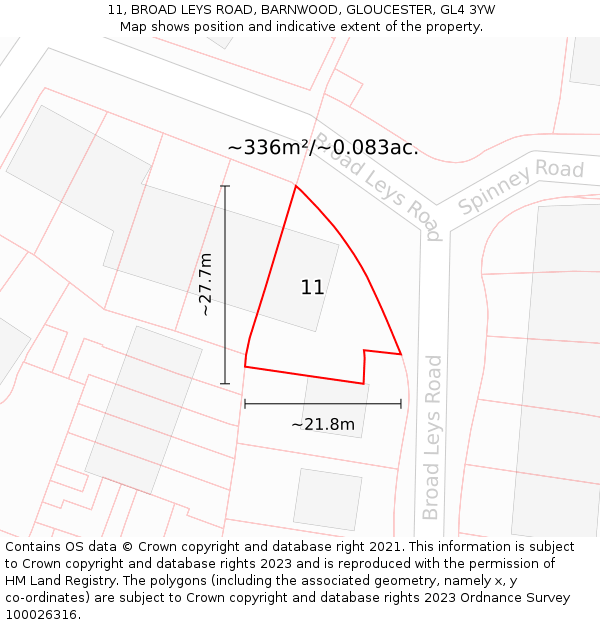 11, BROAD LEYS ROAD, BARNWOOD, GLOUCESTER, GL4 3YW: Plot and title map
