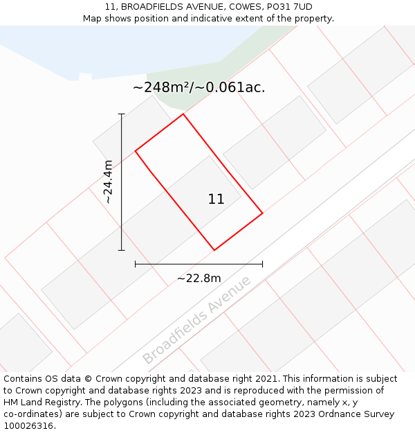 11, BROADFIELDS AVENUE, COWES, PO31 7UD: Plot and title map