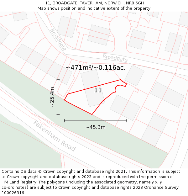 11, BROADGATE, TAVERHAM, NORWICH, NR8 6GH: Plot and title map