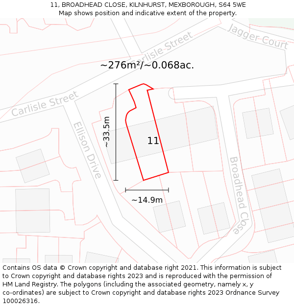 11, BROADHEAD CLOSE, KILNHURST, MEXBOROUGH, S64 5WE: Plot and title map