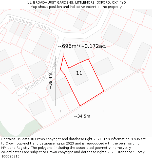 11, BROADHURST GARDENS, LITTLEMORE, OXFORD, OX4 4YQ: Plot and title map