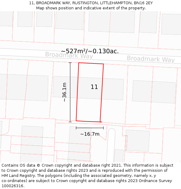 11, BROADMARK WAY, RUSTINGTON, LITTLEHAMPTON, BN16 2EY: Plot and title map
