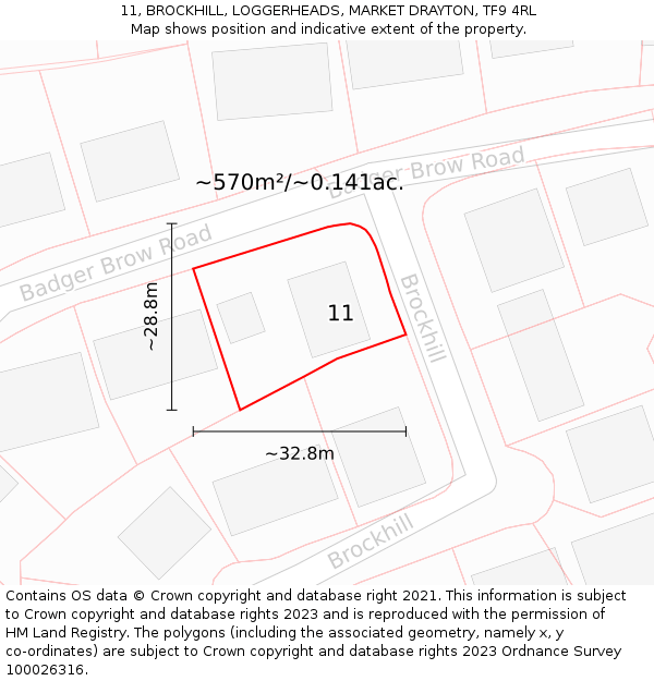 11, BROCKHILL, LOGGERHEADS, MARKET DRAYTON, TF9 4RL: Plot and title map