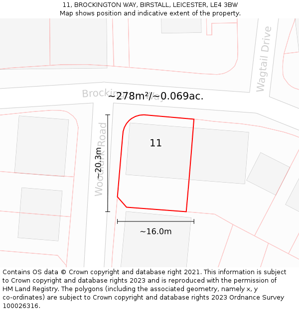 11, BROCKINGTON WAY, BIRSTALL, LEICESTER, LE4 3BW: Plot and title map