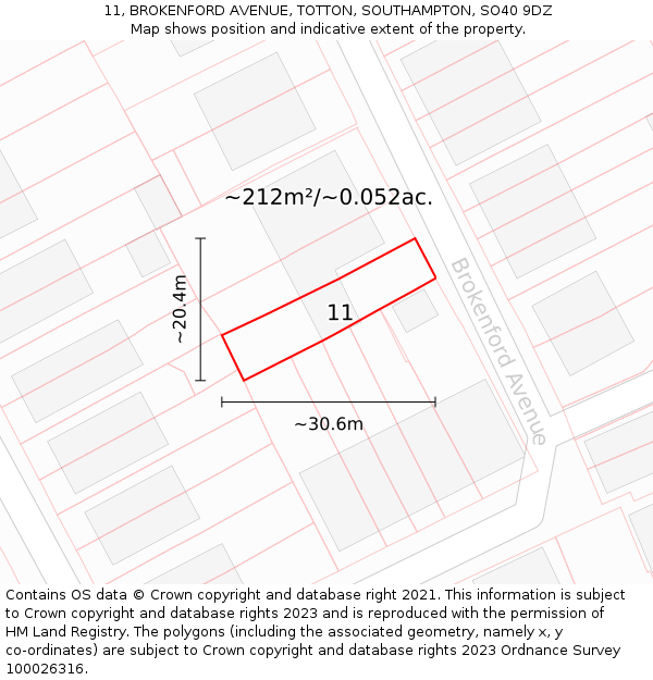 11, BROKENFORD AVENUE, TOTTON, SOUTHAMPTON, SO40 9DZ: Plot and title map