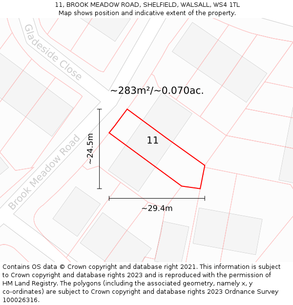 11, BROOK MEADOW ROAD, SHELFIELD, WALSALL, WS4 1TL: Plot and title map