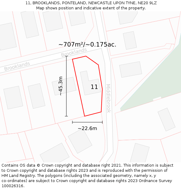 11, BROOKLANDS, PONTELAND, NEWCASTLE UPON TYNE, NE20 9LZ: Plot and title map