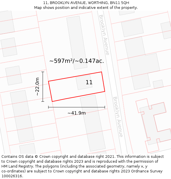 11, BROOKLYN AVENUE, WORTHING, BN11 5QH: Plot and title map