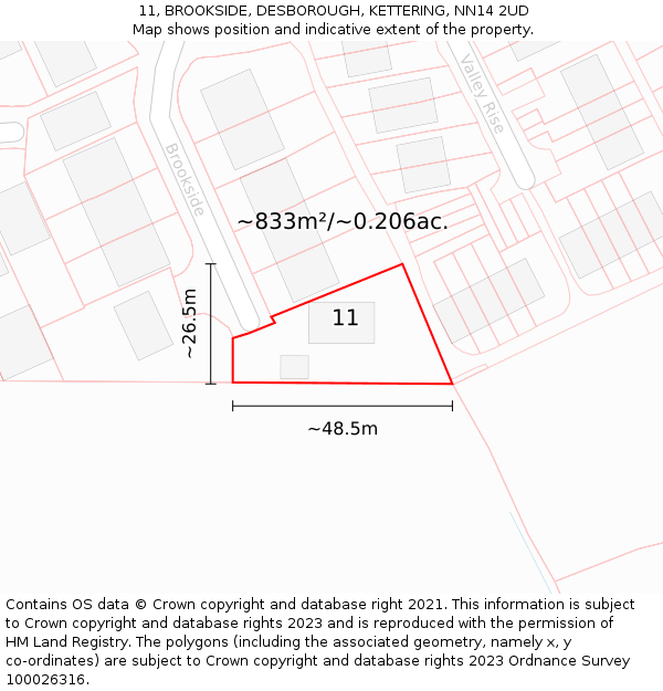 11, BROOKSIDE, DESBOROUGH, KETTERING, NN14 2UD: Plot and title map