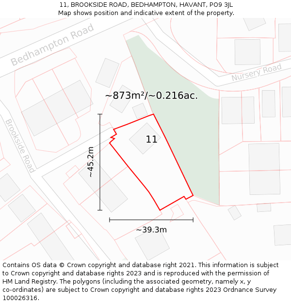 11, BROOKSIDE ROAD, BEDHAMPTON, HAVANT, PO9 3JL: Plot and title map