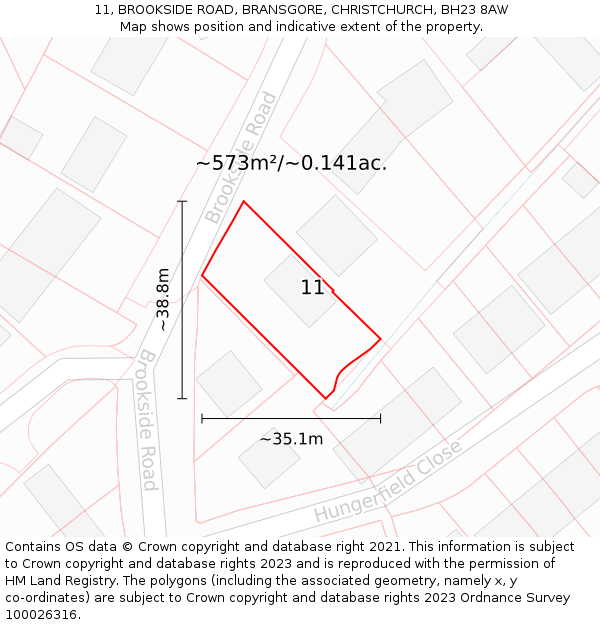 11, BROOKSIDE ROAD, BRANSGORE, CHRISTCHURCH, BH23 8AW: Plot and title map