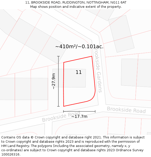 11, BROOKSIDE ROAD, RUDDINGTON, NOTTINGHAM, NG11 6AT: Plot and title map