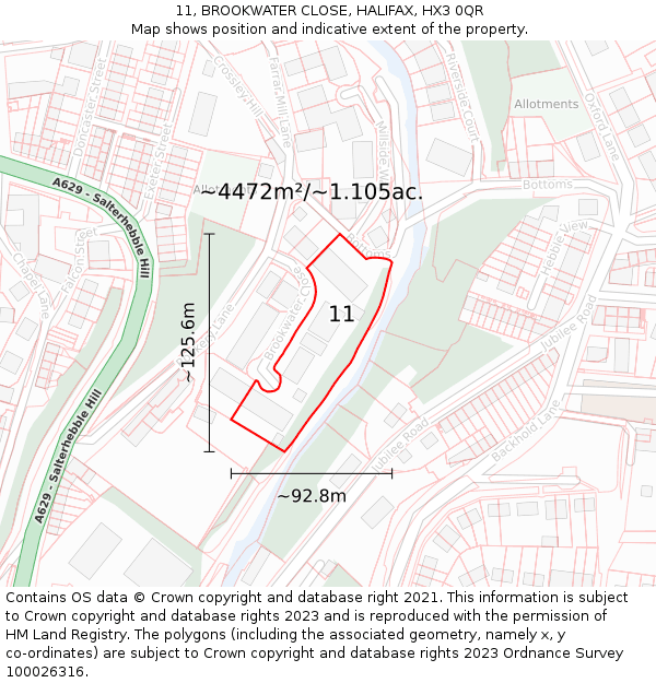 11, BROOKWATER CLOSE, HALIFAX, HX3 0QR: Plot and title map