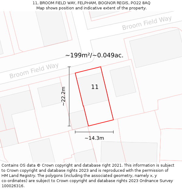 11, BROOM FIELD WAY, FELPHAM, BOGNOR REGIS, PO22 8AQ: Plot and title map
