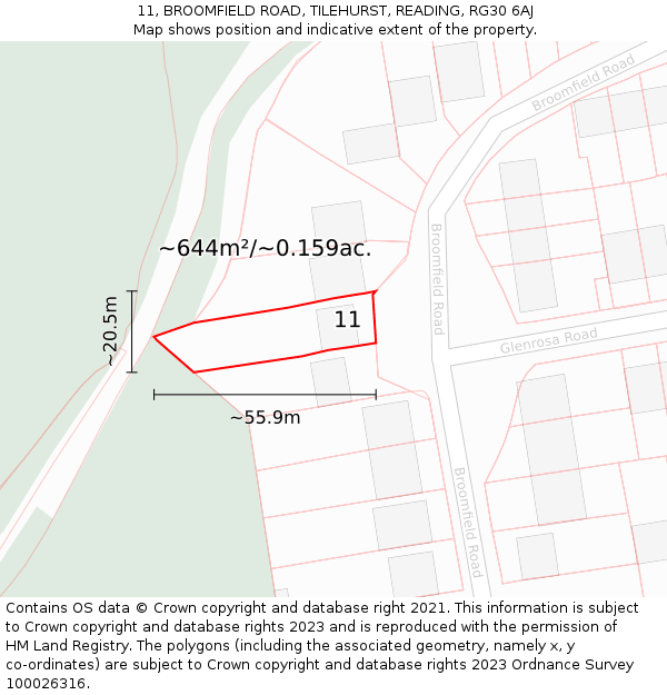 11, BROOMFIELD ROAD, TILEHURST, READING, RG30 6AJ: Plot and title map