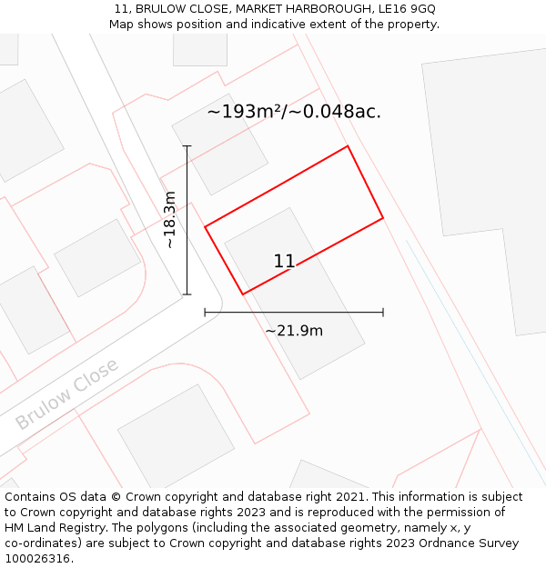 11, BRULOW CLOSE, MARKET HARBOROUGH, LE16 9GQ: Plot and title map