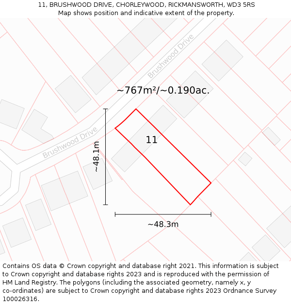 11, BRUSHWOOD DRIVE, CHORLEYWOOD, RICKMANSWORTH, WD3 5RS: Plot and title map