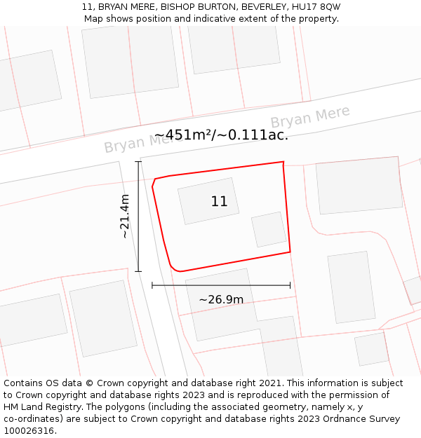 11, BRYAN MERE, BISHOP BURTON, BEVERLEY, HU17 8QW: Plot and title map