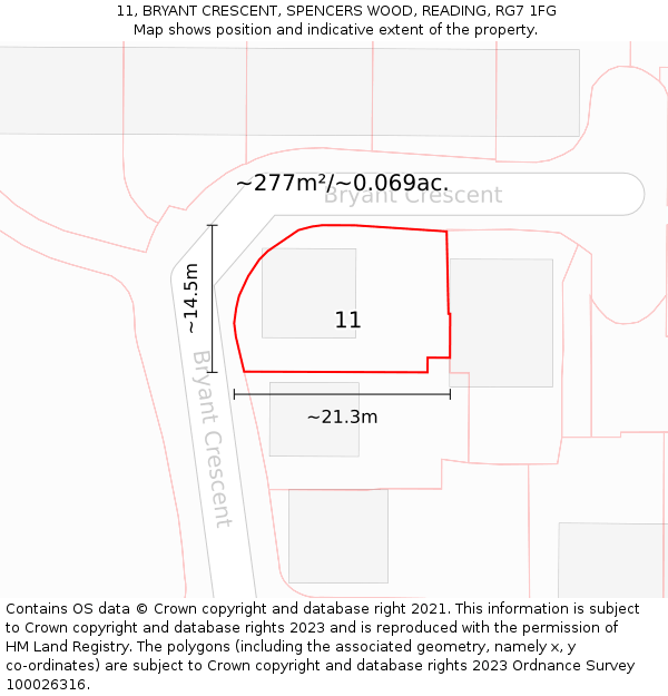 11, BRYANT CRESCENT, SPENCERS WOOD, READING, RG7 1FG: Plot and title map