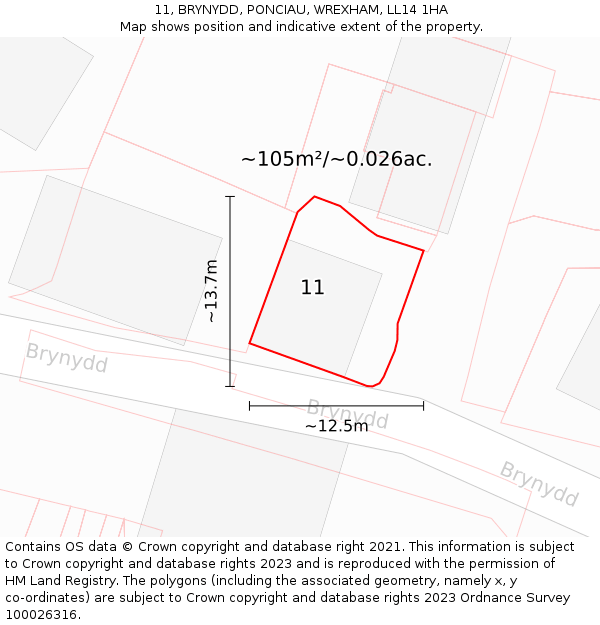 11, BRYNYDD, PONCIAU, WREXHAM, LL14 1HA: Plot and title map