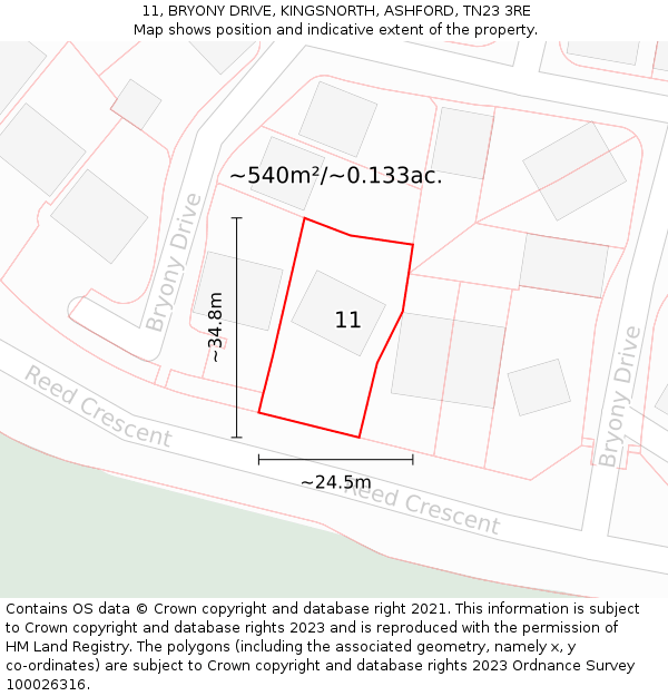 11, BRYONY DRIVE, KINGSNORTH, ASHFORD, TN23 3RE: Plot and title map