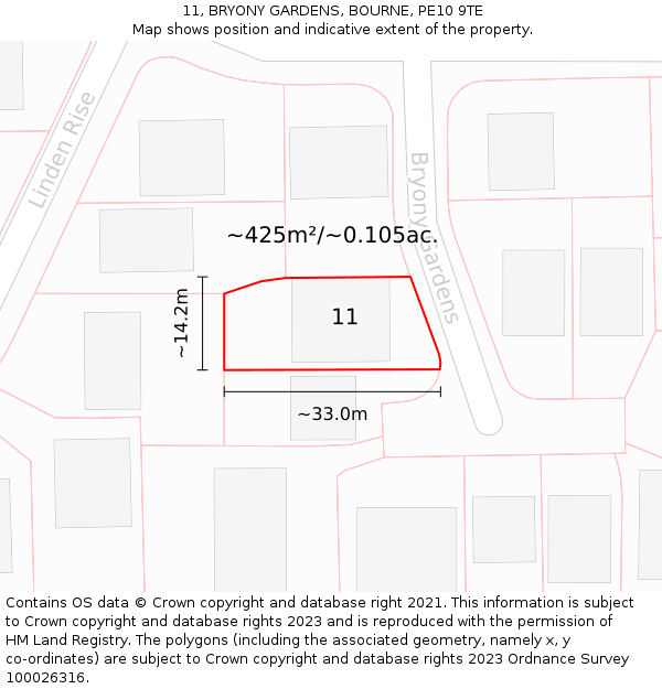 11, BRYONY GARDENS, BOURNE, PE10 9TE: Plot and title map