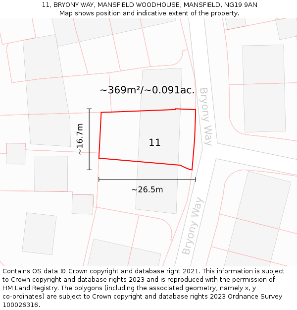 11, BRYONY WAY, MANSFIELD WOODHOUSE, MANSFIELD, NG19 9AN: Plot and title map