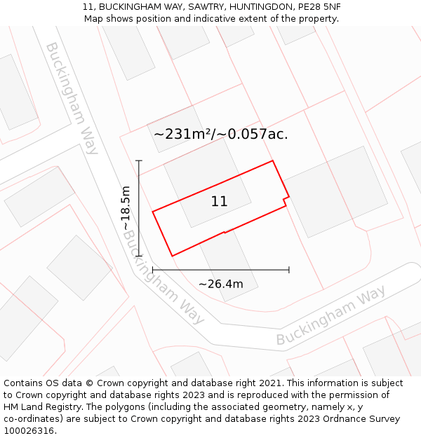 11, BUCKINGHAM WAY, SAWTRY, HUNTINGDON, PE28 5NF: Plot and title map