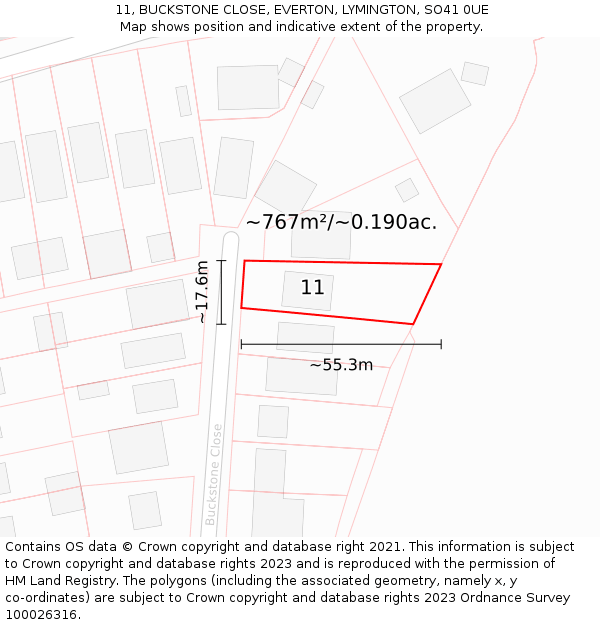 11, BUCKSTONE CLOSE, EVERTON, LYMINGTON, SO41 0UE: Plot and title map