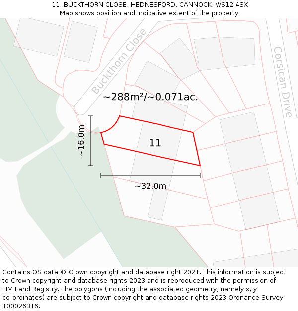 11, BUCKTHORN CLOSE, HEDNESFORD, CANNOCK, WS12 4SX: Plot and title map