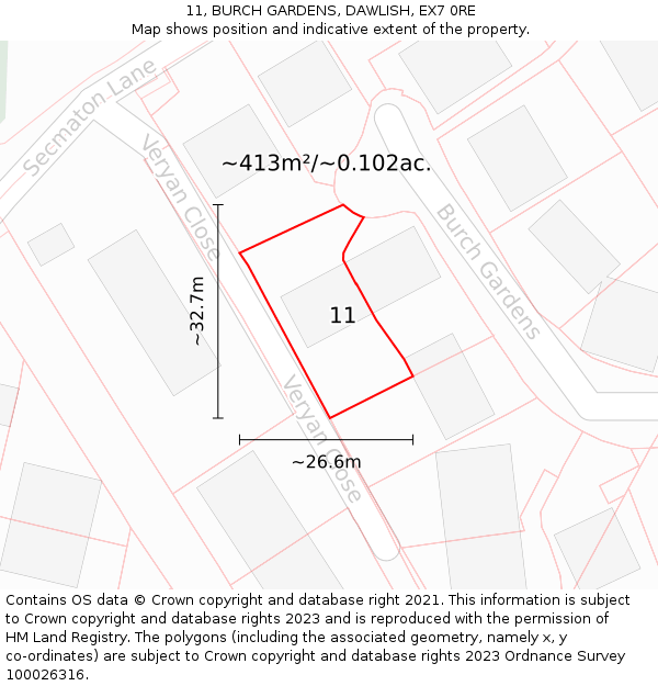 11, BURCH GARDENS, DAWLISH, EX7 0RE: Plot and title map