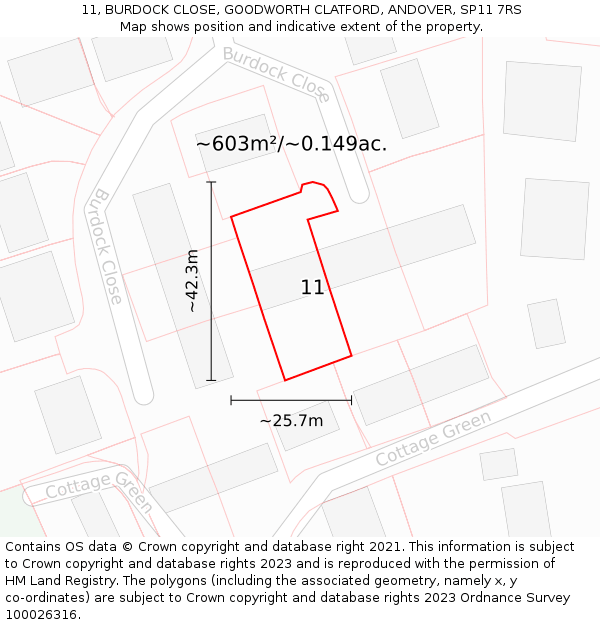 11, BURDOCK CLOSE, GOODWORTH CLATFORD, ANDOVER, SP11 7RS: Plot and title map