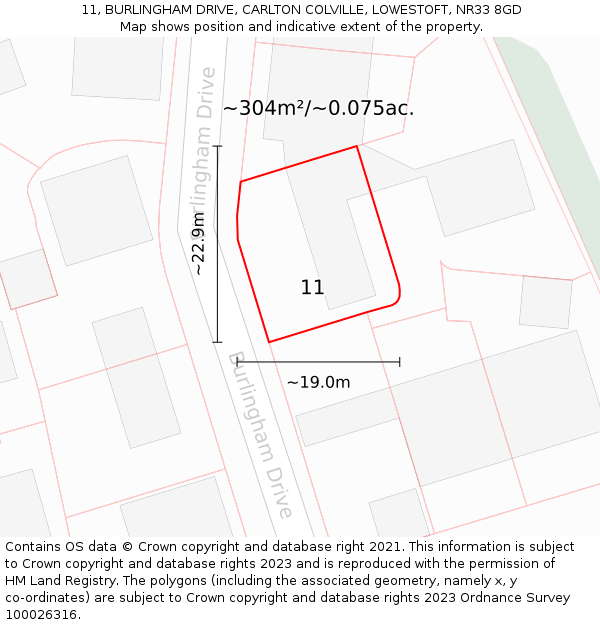 11, BURLINGHAM DRIVE, CARLTON COLVILLE, LOWESTOFT, NR33 8GD: Plot and title map