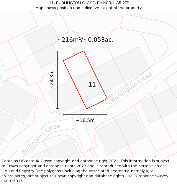 11, BURLINGTON CLOSE, PINNER, HA5 2TP: Plot and title map