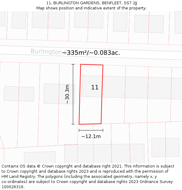 11, BURLINGTON GARDENS, BENFLEET, SS7 2JJ: Plot and title map
