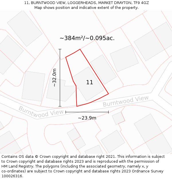 11, BURNTWOOD VIEW, LOGGERHEADS, MARKET DRAYTON, TF9 4GZ: Plot and title map