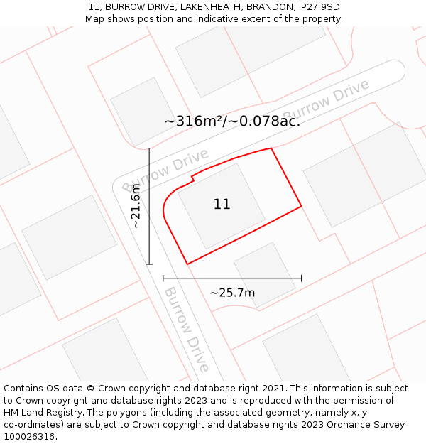 11, BURROW DRIVE, LAKENHEATH, BRANDON, IP27 9SD: Plot and title map