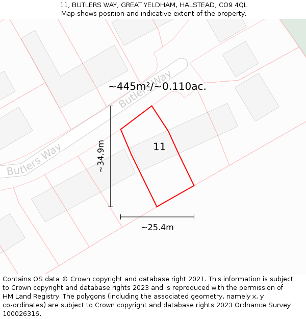 11, BUTLERS WAY, GREAT YELDHAM, HALSTEAD, CO9 4QL: Plot and title map
