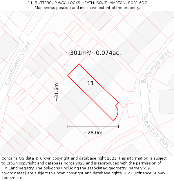 11, BUTTERCUP WAY, LOCKS HEATH, SOUTHAMPTON, SO31 6DG: Plot and title map