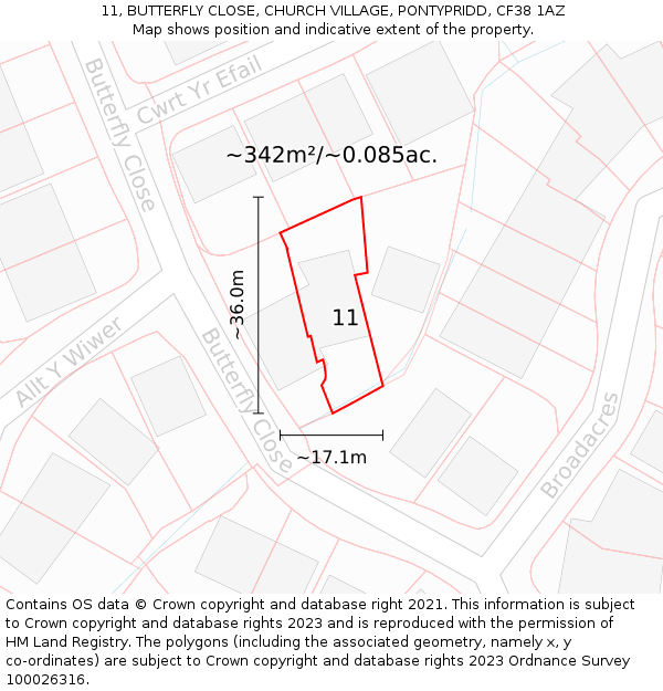 11, BUTTERFLY CLOSE, CHURCH VILLAGE, PONTYPRIDD, CF38 1AZ: Plot and title map