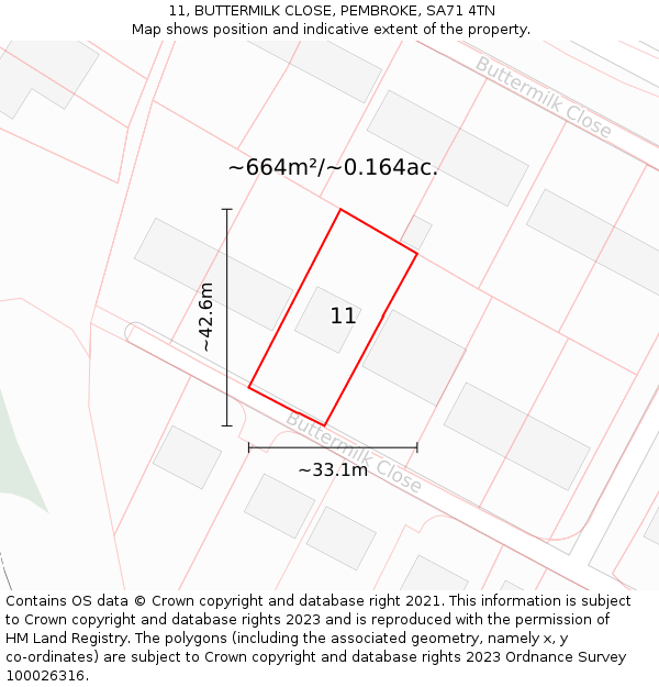 11, BUTTERMILK CLOSE, PEMBROKE, SA71 4TN: Plot and title map